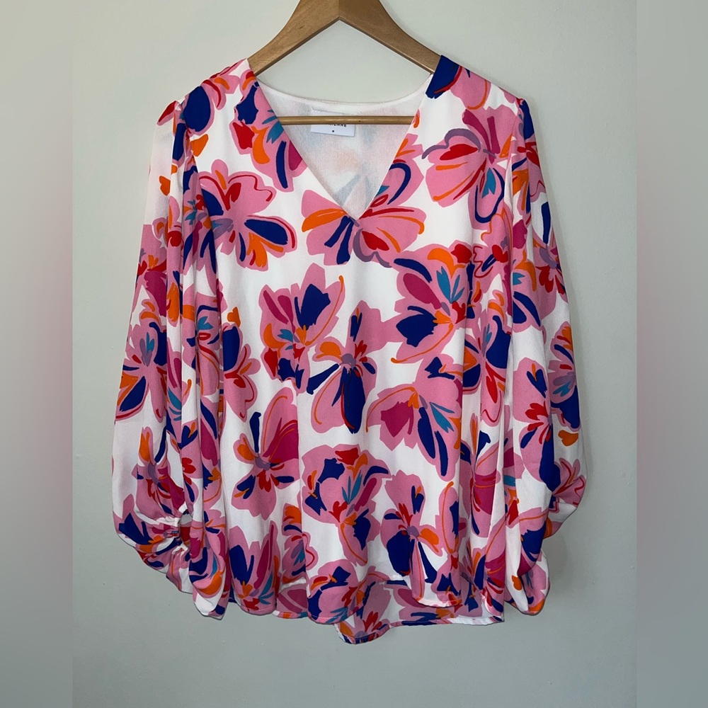 Adrienne Vibrant Floral V-Neck Blouse - Pink and Blue - Picture 2 of 6